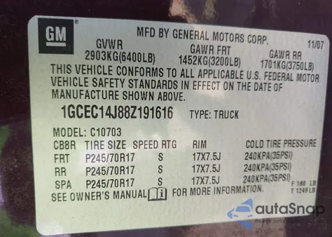 2008 Chevrolet Silverado 1500 Work Truck from USA, damaged, VIN 1GCEC14J88Z191616